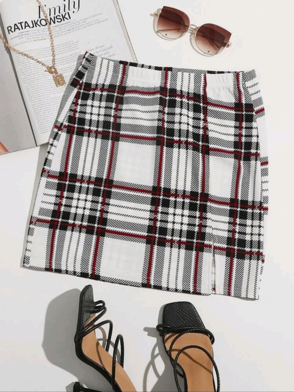 Plaid Mini Skirt - White Black Red - Unbranded